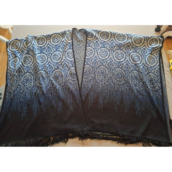 Misook Open Front Blue and Black Fringe Poncho Wrap Shawl Cardigan One Size - Picture 4 of 10